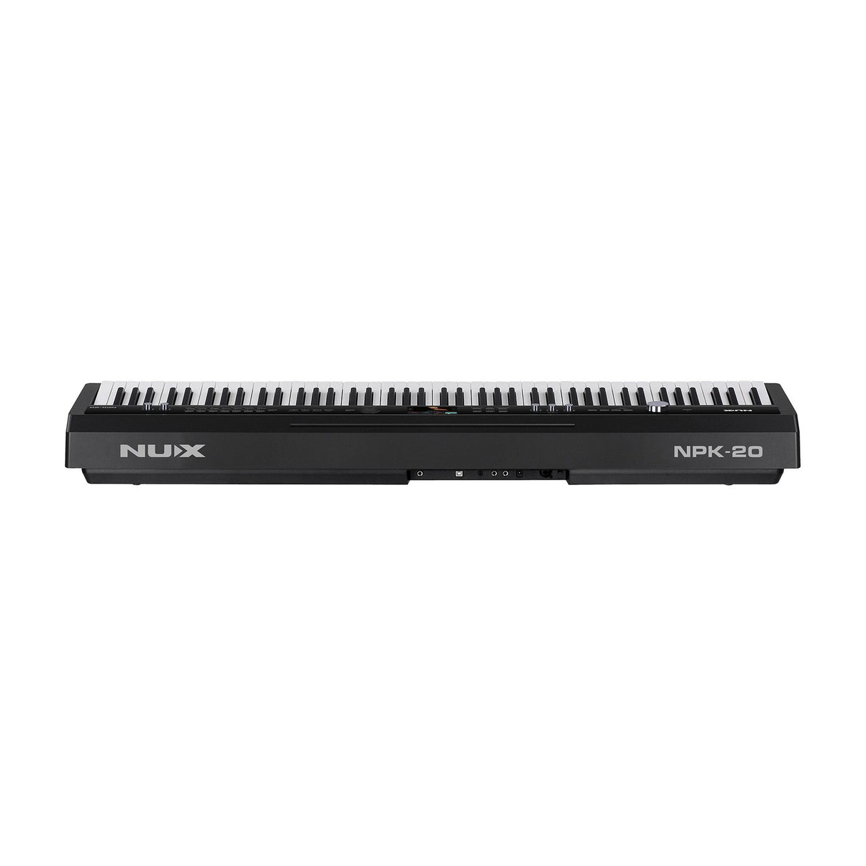 Rear view of NU-X NPK-20 88-note digital stage piano in black, showing USB Type B, headphone jacks, line outputs and XLR/6.3mm mic combo input.