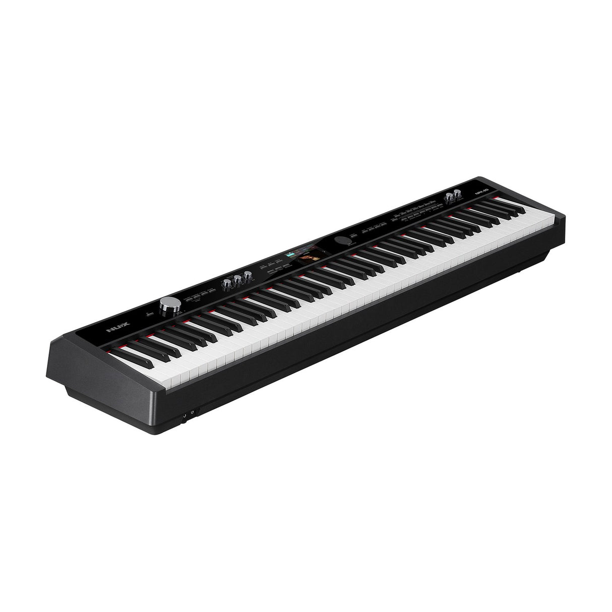 NU-X NPK-20 88-note digital stage piano in black by AVSL, angled view showing graded hammer-action keys, control panel with LCD display and rotary dial.