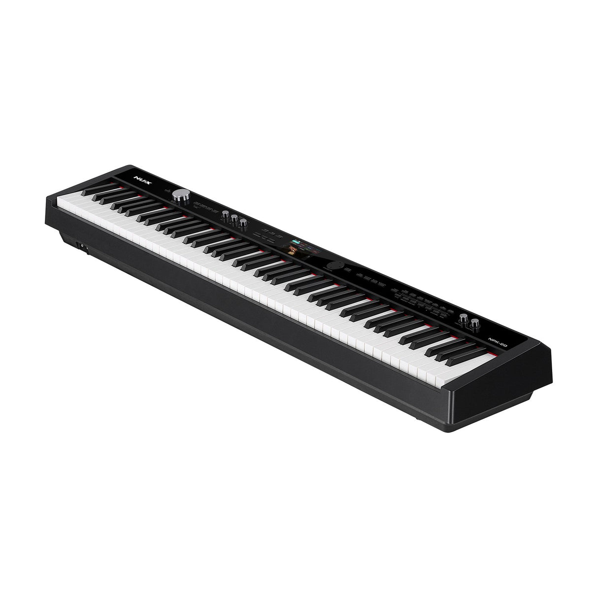 NU-X NPK-20 88-note digital stage piano in black, angled view showing hammer-action keys, control knobs and colour LCD display on a white background.