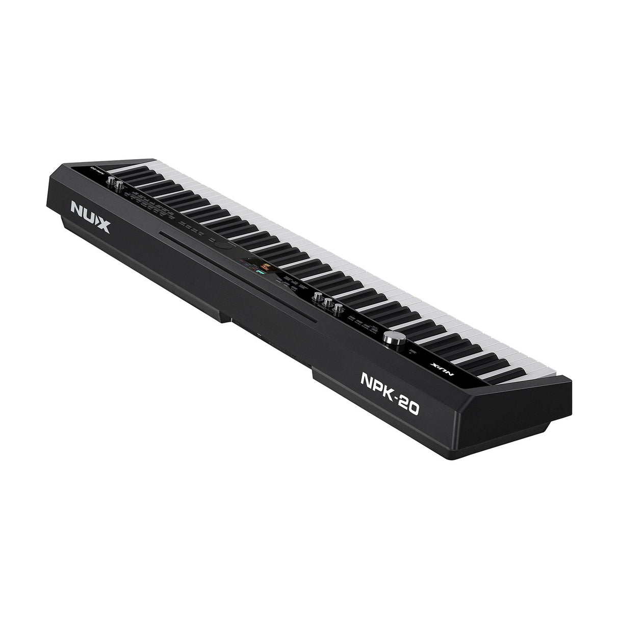 NU-X NPK-20 88-note digital stage piano in black, angled view showing full hammer-action keyboard, front controls and NUX branding on a white background.