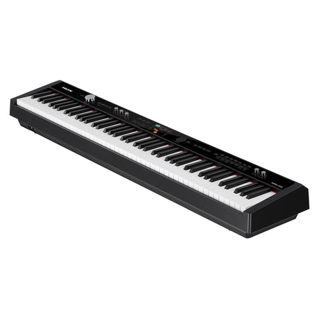 Introducing the NU-X NPK-20 Professional Digital Piano: a black digital piano that emulates the feel of a grand piano with its full set of white and black keys featuring graded hammer-action for an authentic touch. It includes several control knobs and buttons on top, complemented by a small display screen in the center for enhanced functionality.