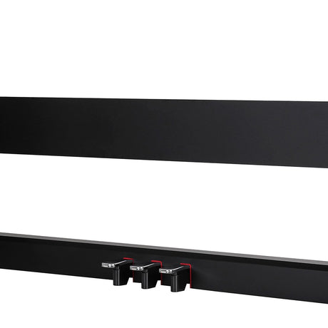 NU-X NPS-1 wooden piano stand in matt black by AVSL, shown close-up with three integral pedals in soft, sostenuto and sustain layout.