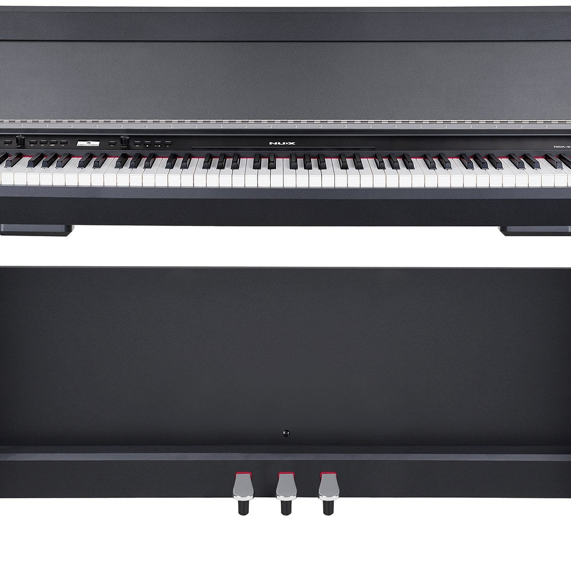 NU-X NCK-330 88-note weighted digital upright piano in black, shown close-up with keyboard, control panel and three-pedal footboard.