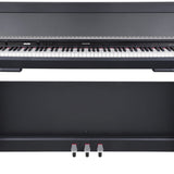 NU-X NCK-330 88-note weighted digital upright piano in black, shown close-up with keyboard, control panel and three-pedal footboard.