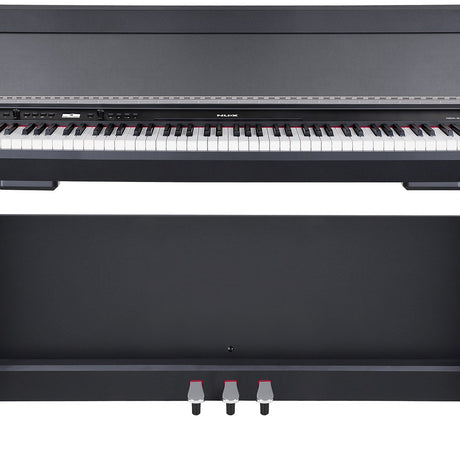 NU-X NCK-330 88-note weighted digital upright piano in black, shown close-up with keyboard, control panel and three-pedal footboard.