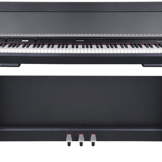 NU-X NCK-330 88-note weighted digital upright piano in black, shown close-up with keyboard, control panel and three-pedal footboard.