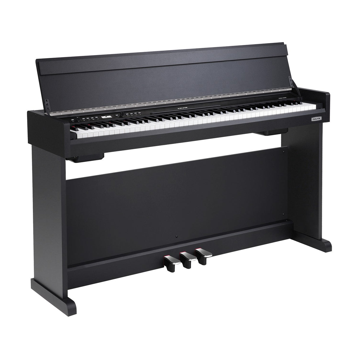 NU-X NCK-330 88-note weighted digital upright piano in matte black with integrated stand, three pedals and raised lid, shown on a white background.