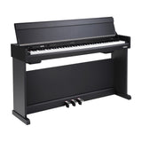 NU-X NCK-330 88-note weighted digital upright piano in matte black with integrated stand, three pedals and raised lid, shown on a white background.