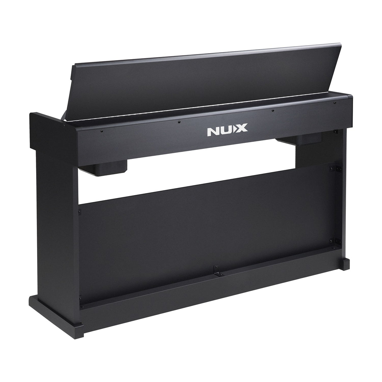 NU-X NCK-330 88-note weighted digital upright piano in matte black, rear view showing integrated stand, branded panel and open lid on a white background.