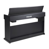 NU-X NCK-330 88-note weighted digital upright piano in matte black, rear view showing integrated stand, branded panel and open lid on a white background.