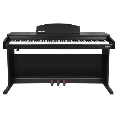 Introducing the NU-X WK-400 Digital Piano: a sleek black instrument equipped with hammer-action keys, a full keyboard, a music stand displaying the prominent NUX brand name, and three foot pedals. Its compact and modern design, along with a USB connection, makes it ideal for both home and studio environments.