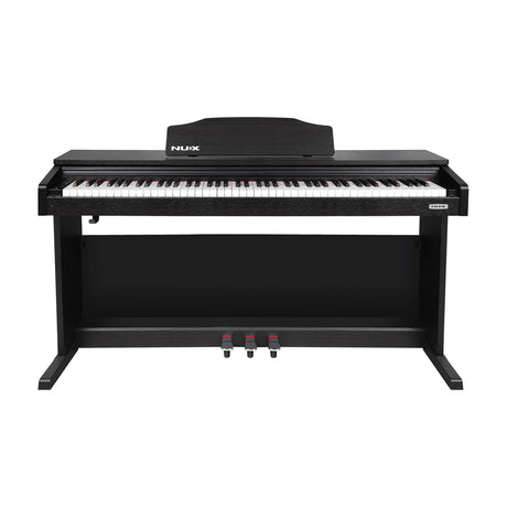 NU-X WK-400 88-key weighted digital piano in matte black upright cabinet with music rest, three pedals and stand, shown on a plain white background.