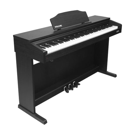 NU-X WK-400 88-key weighted digital piano in matte black upright cabinet with music rest, three pedals and stand, shown on a white background.
