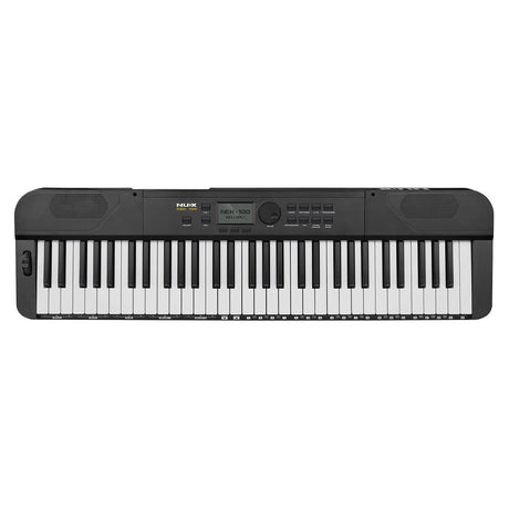 The NU-X NEK-100 Portable Digital Keyboard is a black, full-sized electronic keyboard equipped with 61 keys, built-in speakers, and an array of control buttons on the top panel that includes a MIDI connection for seamless music production.