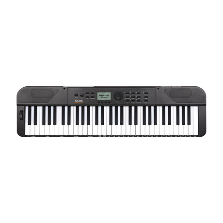 NU-X NEK-110 61-key portable keyboard in black with LCD display, control buttons, value dial, pitch wheel and built-in speakers on a white background.