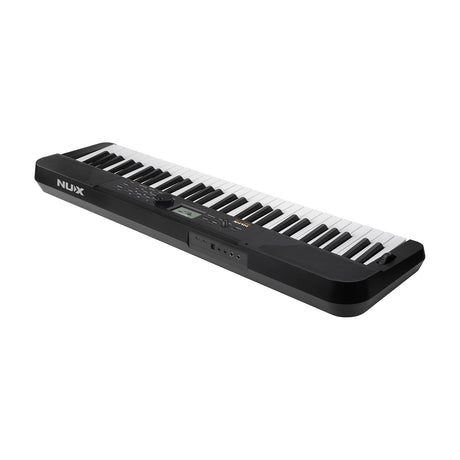 NU-X NEK-110 61-key portable keyboard in black with control panel, small display, pitch wheel and side speaker grilles, shown on a white background.