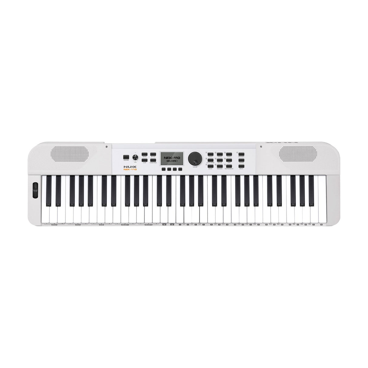 NU-X NEK-110 61-key portable keyboard in white with central LCD display, control buttons, value dial and side speakers, on a plain white background.