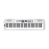NU-X NEK-110 61-key portable keyboard in white with central LCD display, control buttons, value dial and side speakers, on a plain white background.
