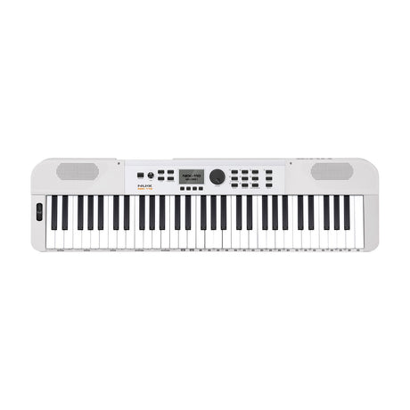 NU-X NEK-110 61-key portable keyboard in white with central LCD display, control buttons, value dial and side speakers, on a plain white background.