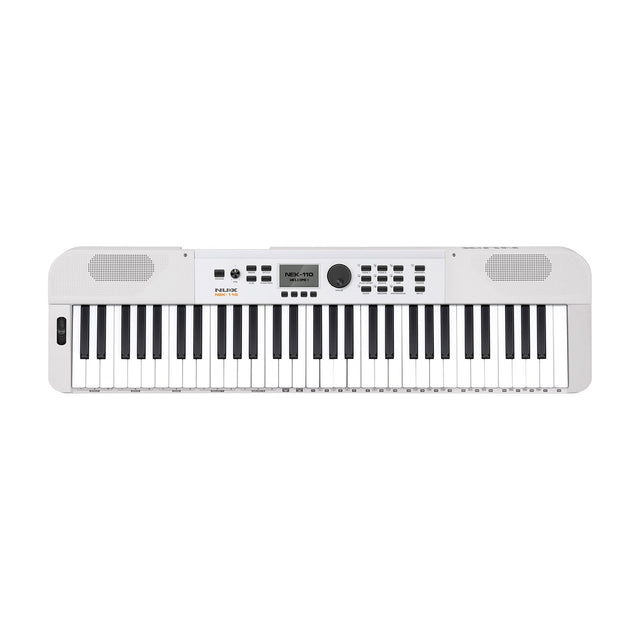 NU-X NEK-110 61-key portable keyboard in white with central LCD display, control buttons, value dial and side speakers, on a plain white background.