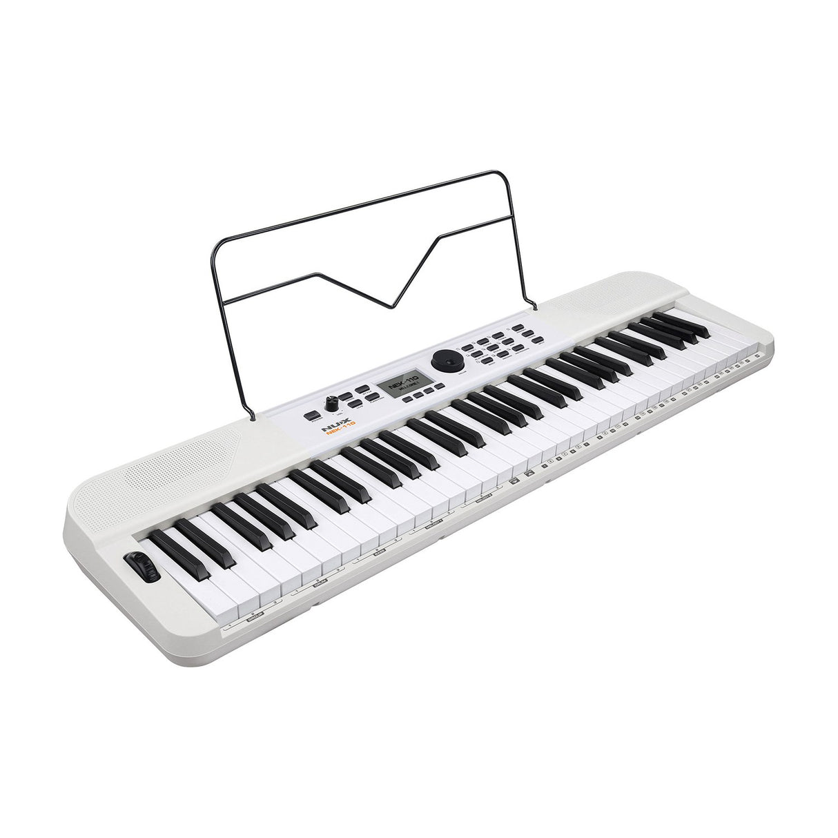 NU-X NEK-110 61-key portable keyboard in white with control panel, small display, pitch wheel, side speaker grille and wire music stand.