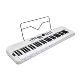 NU-X NEK-110 61-key portable keyboard in white with control panel, small display, pitch wheel, side speaker grille and wire music stand.