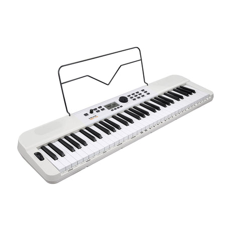 NU-X NEK-110 61-key portable keyboard in white with control panel, small display, pitch wheel, side speaker grille and wire music stand.