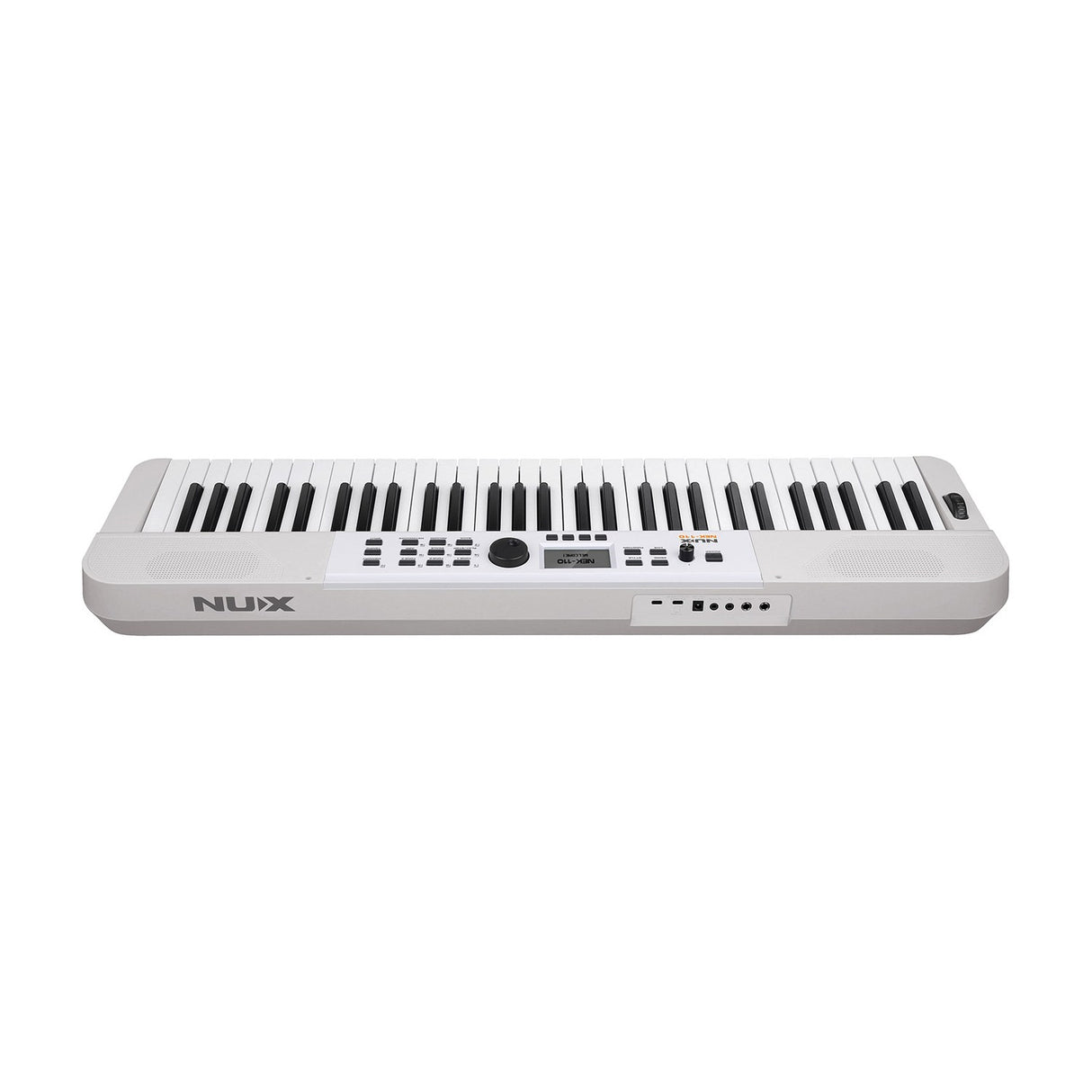 NU-X NEK-110 61-key portable keyboard in white, shown from the front with control panel, display, pitch wheel and rear connection ports visible.