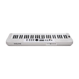 NU-X NEK-110 61-key portable keyboard in white, shown from the front with control panel, display, pitch wheel and rear connection ports visible.
