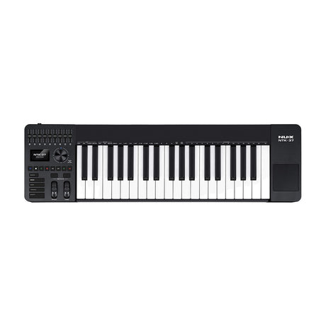 NU-X NTK-37 semi-weighted MIDI keyboard controller with 37 keys, sliders, display, transport buttons, pitch and mod wheels, and trackpad, on white.