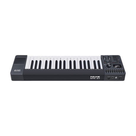 NU-X NTK-37 semi-weighted MIDI keyboard controller with 37 keys, pitch and mod wheels, sliders, display, transport buttons and trackpad on a white background.