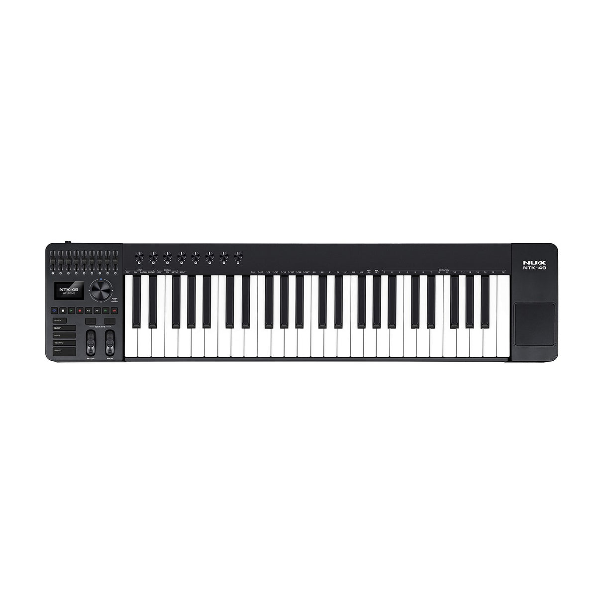 NU-X NTK-49 semi-weighted 49-key MIDI keyboard controller in black with sliders, rotary knobs, display, pitch and mod wheels, and track pad, on white.