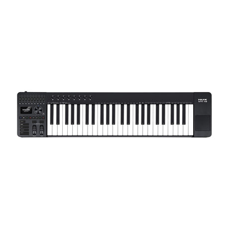NU-X NTK-49 semi-weighted 49-key MIDI keyboard controller in black with sliders, rotary knobs, display, pitch and mod wheels, and track pad, on white.