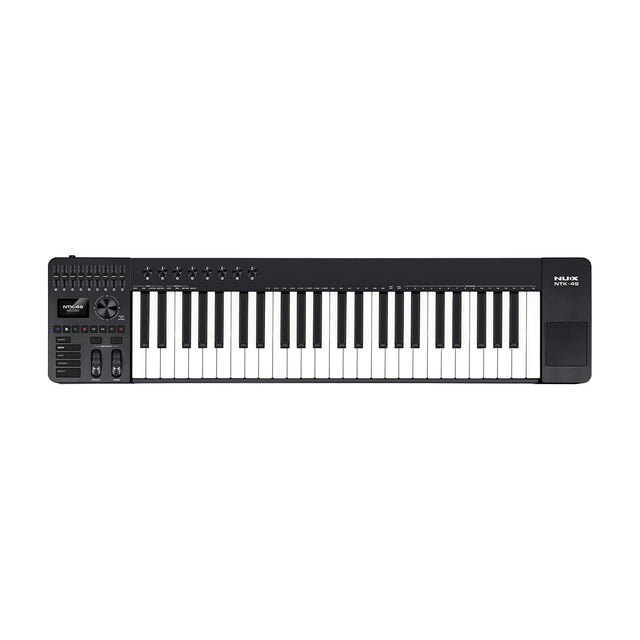 NU-X NTK-49 semi-weighted 49-key MIDI keyboard controller in black with sliders, rotary knobs, display, pitch and mod wheels, and track pad, on white.