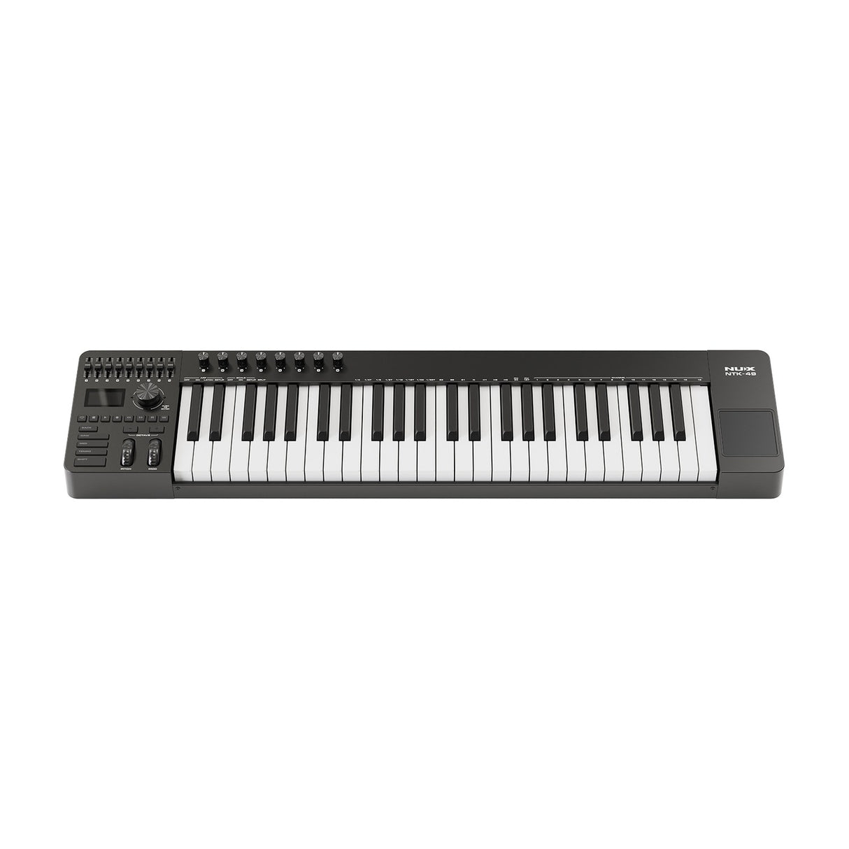 NU-X NTK-49 semi-weighted 49-key MIDI keyboard controller with sliders, rotary knobs, pitch and modulation wheels, track pad and display, on a white background.
