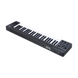 NU-X NTK-49 semi-weighted 49-key MIDI keyboard controller with sliders, rotary knobs, pitch and modulation wheels, track pad, display and USB-B port.