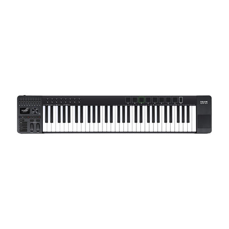 NU-X NTK-61 semi-weighted 61-key MIDI keyboard in black with sliders, rotary knobs, trigger pads, display, transport buttons and pitch/mod wheels.