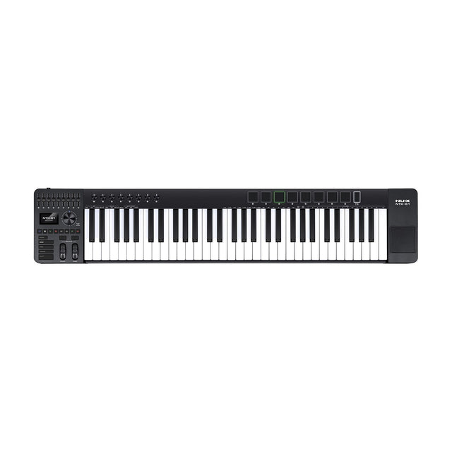 NU-X NTK-61 semi-weighted 61-key MIDI keyboard in black with sliders, rotary knobs, trigger pads, display, transport buttons and pitch/mod wheels.