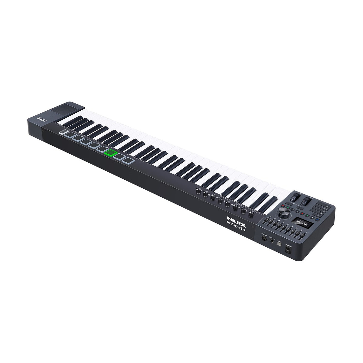NU-X NTK-61 semi-weighted 61-key MIDI keyboard in black with trigger pads, sliders, rotary controls, track pad, and USB, MIDI DIN and pedal jack ports.