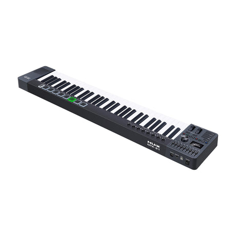 NU-X NTK-61 semi-weighted 61-key MIDI keyboard in black with trigger pads, sliders, rotary controls, track pad, and USB, MIDI DIN and pedal jack ports.