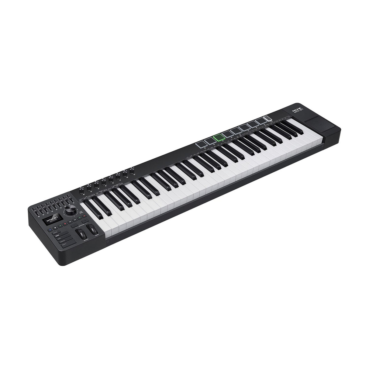 NU-X NTK-61 semi-weighted 61-key MIDI keyboard in black, angled view showing sliders, rotary knobs, trigger pads, pitch and modulation wheels, and display.