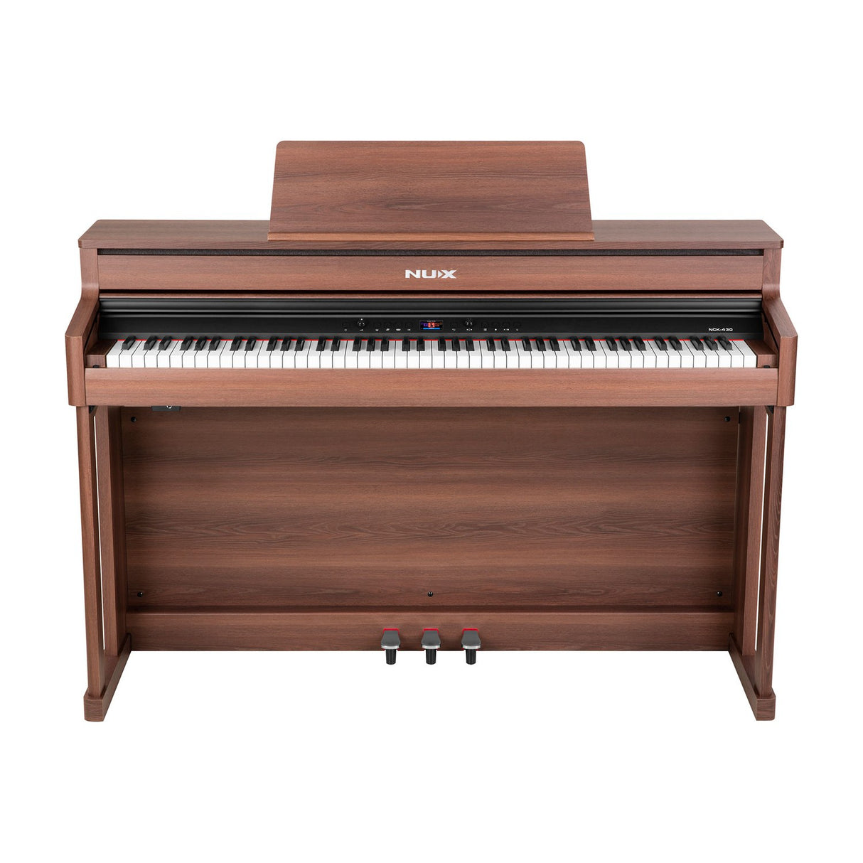 NU-X NCK-430 weighted digital piano in walnut finish with music rest, sliding key cover, triple pedal unit and 88-key hammer-action keyboard.