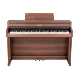 NU-X NCK-430 weighted digital piano in walnut finish with music rest, sliding key cover, triple pedal unit and 88-key hammer-action keyboard.