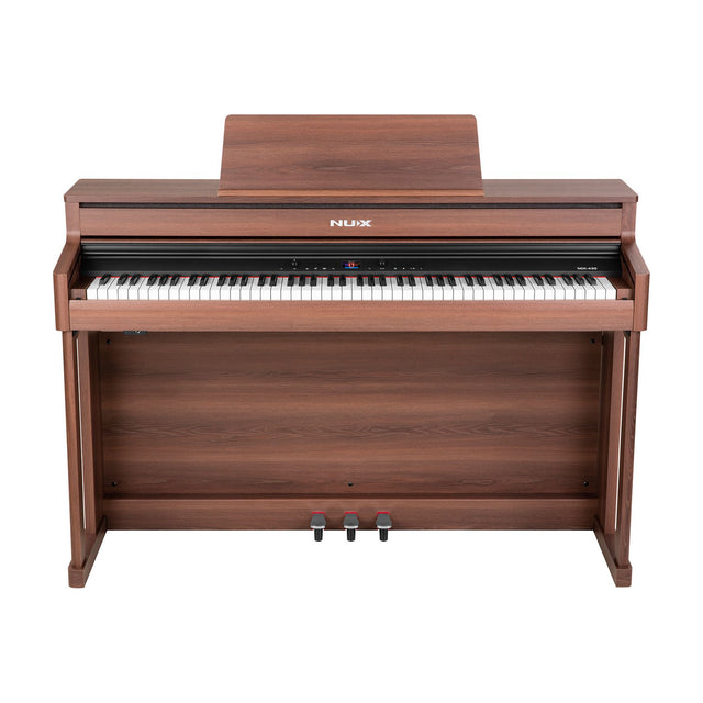 NU-X NCK-430 weighted digital piano in walnut finish with music rest, sliding key cover, triple pedal unit and 88-key hammer-action keyboard.