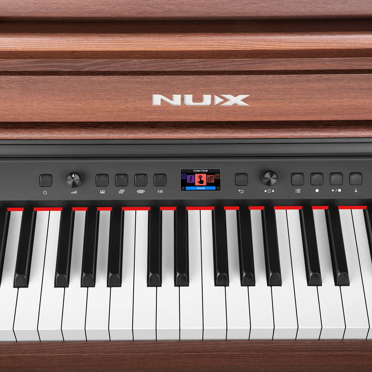 Close-up of the NU-X NCK-430 weighted digital piano in walnut, showing the control panel with colour display, dials, function buttons and weighted keys.