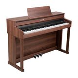 NU-X NCK-430 weighted digital piano in walnut finish with 88 keys, sliding key cover, music rest, control panel, and triple pedal unit.