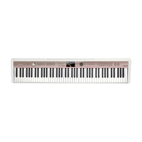 NU-X NPK-20 88-note digital stage piano in white with rose gold control panel, colour LCD display and full hammer-action keyboard.