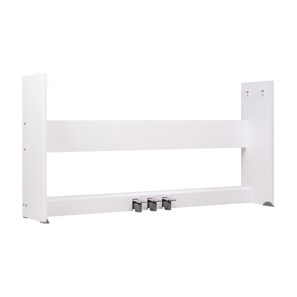 NU-X NPS-1 white wooden stand for NPK-10 and NPK-20 digital pianos, with side panels, rear support bar and three integral pedals, on a white background.