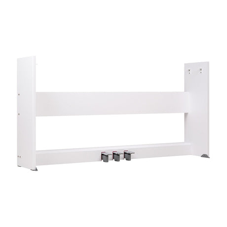 NU-X NPS-1 white wooden stand for NPK-10 and NPK-20 digital pianos, with side panels, rear support bar and three integral pedals, on a white background.