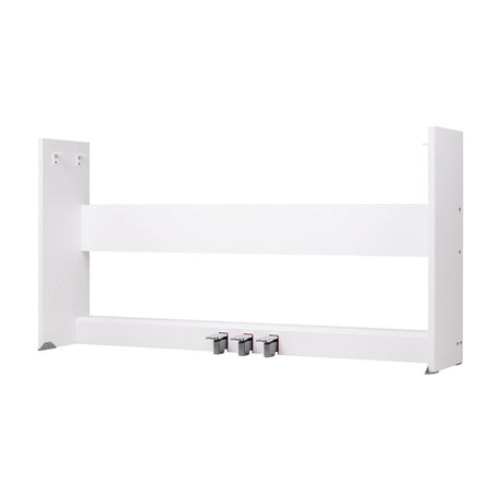 NU-X NPS-1 white wooden stand for NPK-10 and NPK-20 digital pianos with three integral pedals, shown on a plain white background.